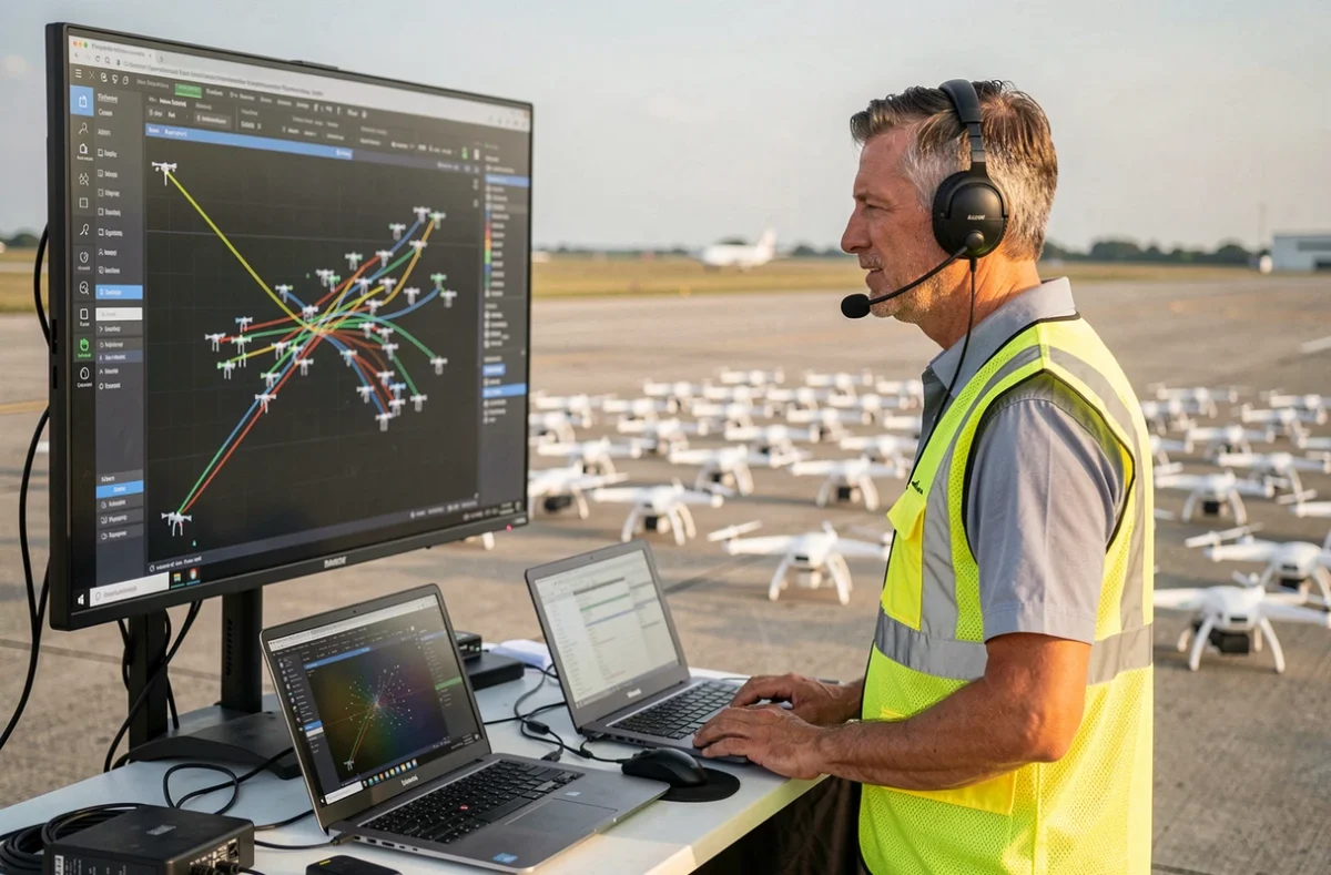 Technicien de spectacle de drones supervisant le lancement depuis une station de contrôle informatique en extérieur