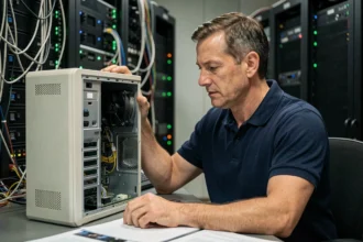 Technicien informatique examinant un ancien ordinateur sous Windows 7 dans une salle de serveurs