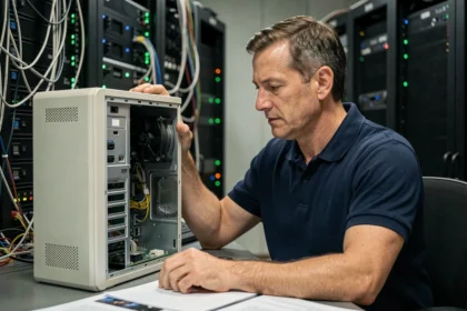 Technicien informatique examinant un ancien ordinateur sous Windows 7 dans une salle de serveurs
