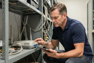 Technicien informatique examinant un ancien routeur Wi-Fi dans une salle réseau, illustrant le Wi-Fi legacy et les infrastructures sans fil obsolètes