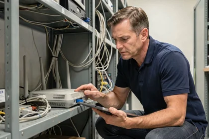 Technicien informatique examinant un ancien routeur Wi-Fi dans une salle réseau, illustrant le Wi-Fi legacy et les infrastructures sans fil obsolètes