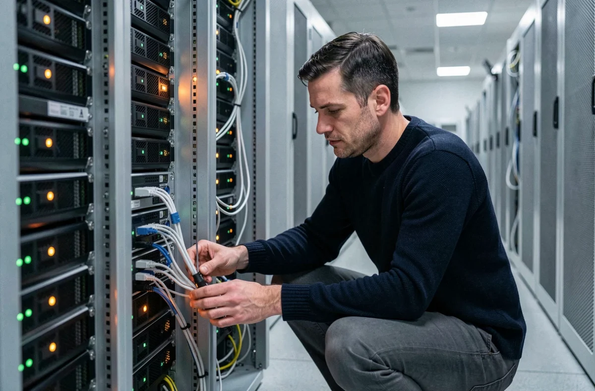 Technicien informatique inspectant un serveur sécurisé dans un centre de données pour garantir la sécurité des connexions HTTPS