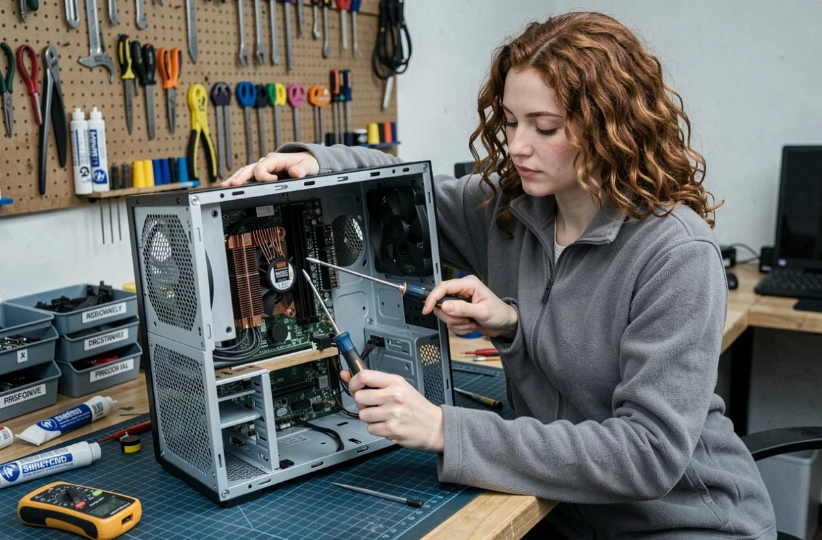 Technicienne inspectant la carte mère d'un PC ouvert pour activer les paramètres turbo boost du processeur