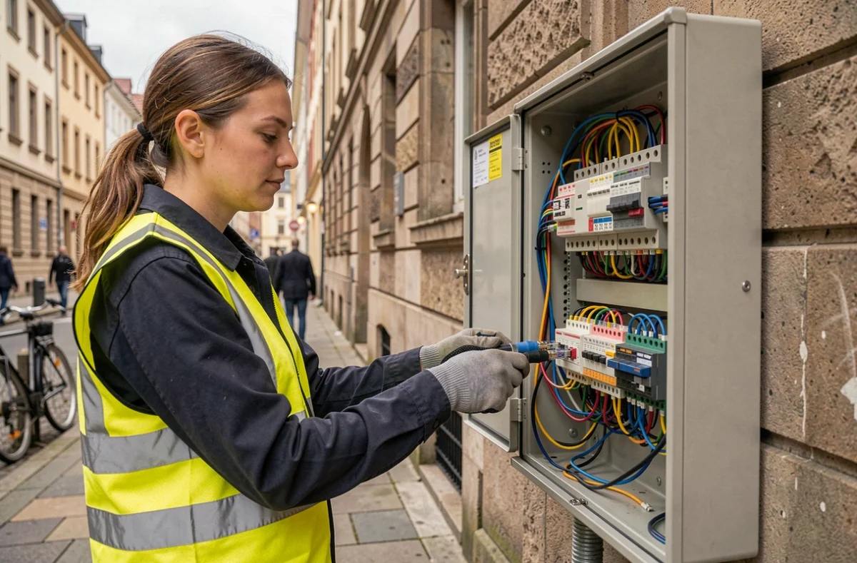 Technicienne télécoms branchant des câbles dans une armoire de distribution réseau en extérieur