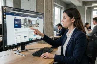 Développeuse analysant deux variantes de pages web sur un écran d'ordinateur dans un bureau tech moderne, illustrant les tests A/B chez Google