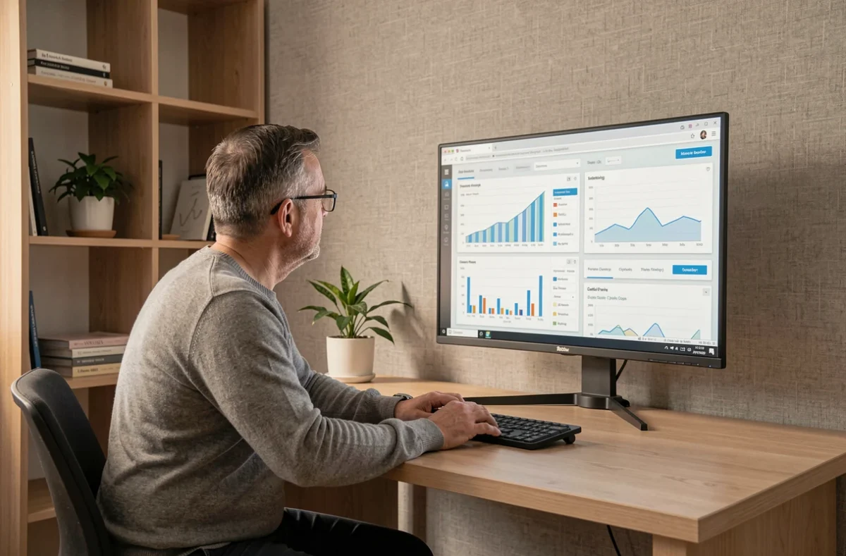Analyste en télétravail examinant un tableau de bord de statistiques avec des graphiques de comparaison A/B dans un bureau à domicile épuré