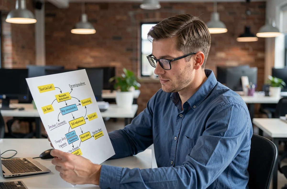 Homme analysant un schéma de liens et de textes d'ancrage sur papier dans un espace de coworking