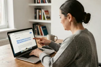 Femme pointant un texte d'ancrage sur un écran d'ordinateur dans un bureau à domicile