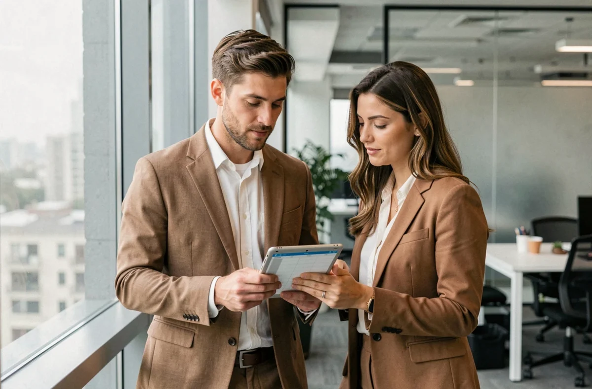 Deux collègues en entreprise consultant un calendrier partagé numérique sur tablette, soulevant des questions sur la sécurité des données et la confidentialité de l'application Timetree en milieu professionnel