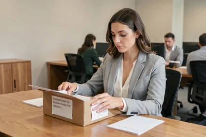 Femme professionnelle organisant des dossiers papier dans un bureau moderne