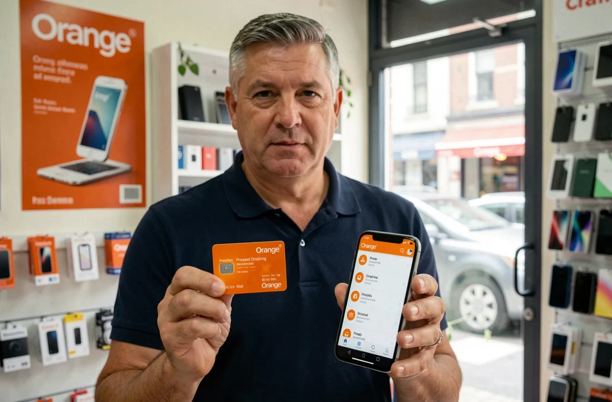 Homme dans une boutique de téléphonie vérifiant la validité d'une carte prépayée Orange avec son smartphone