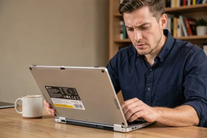 Homme vérifiant les spécifications Wi-Fi 6E sous son ordinateur portable dans un bureau à domicile