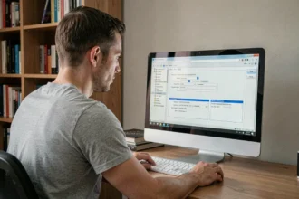 Homme consultant les paramètres UEFI sur l'écran de son ordinateur de bureau pour vérifier le mode de démarrage