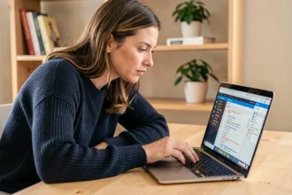 Femme vérifiant les détails du certificat TLS dans les outils développeur d'un navigateur sur un ordinateur portable