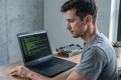 Homme consultant un fichier via une interface en ligne de commande sur un ordinateur portable dans un bureau minimaliste