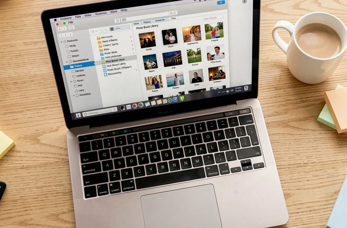 Vue en plongée d'un MacBook affichant le chemin du dossier de stockage des photos Photo Booth dans le Finder macOS