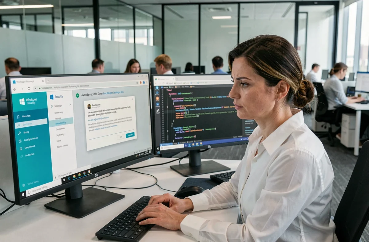 Femme en entreprise analysant une alerte de sécurité Windows Defender sur un double écran