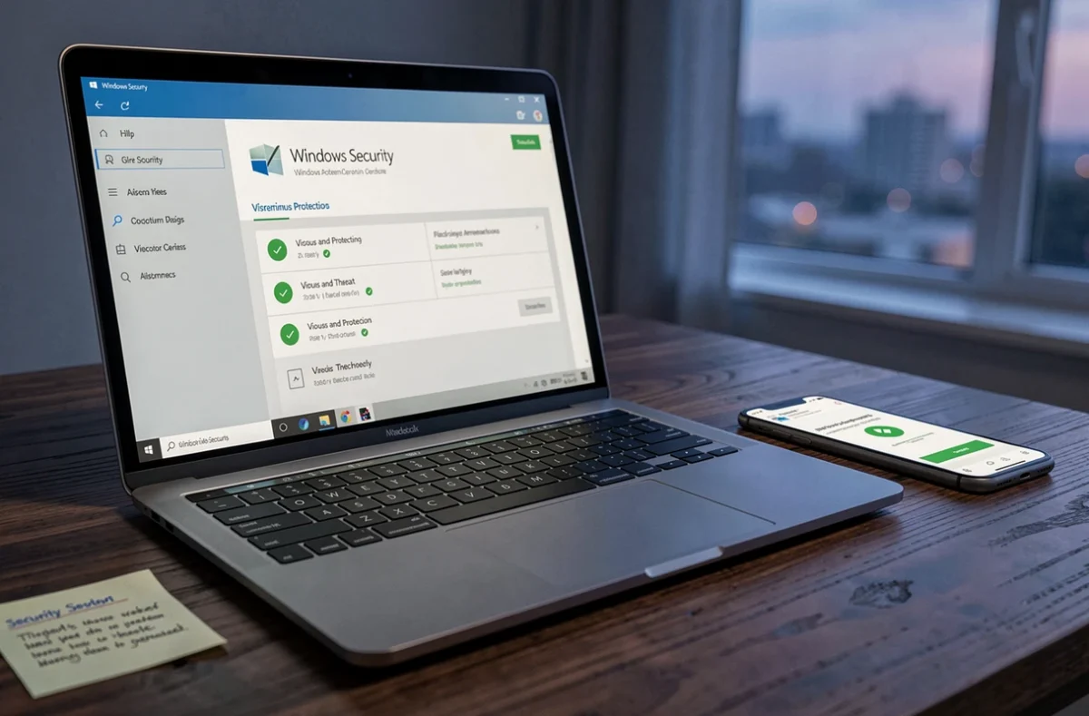 Tableau de bord Windows Defender affiché sur un ordinateur portable avec statut de protection antivirus