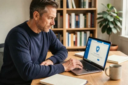Homme utilisant Windows Defender sur un ordinateur portable dans un bureau à domicile